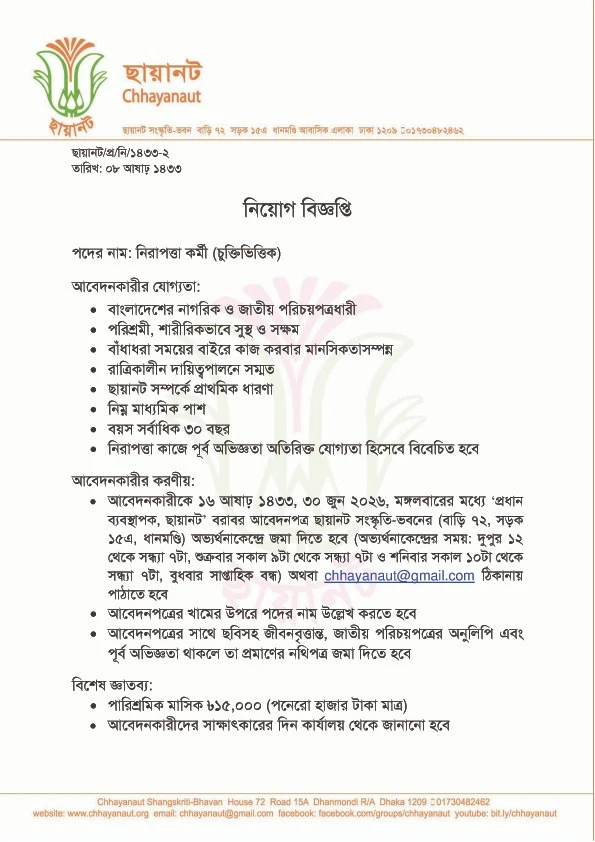 নিয়োগ বিজ্ঞপ্তি, নিরাপত্তা কর্মী